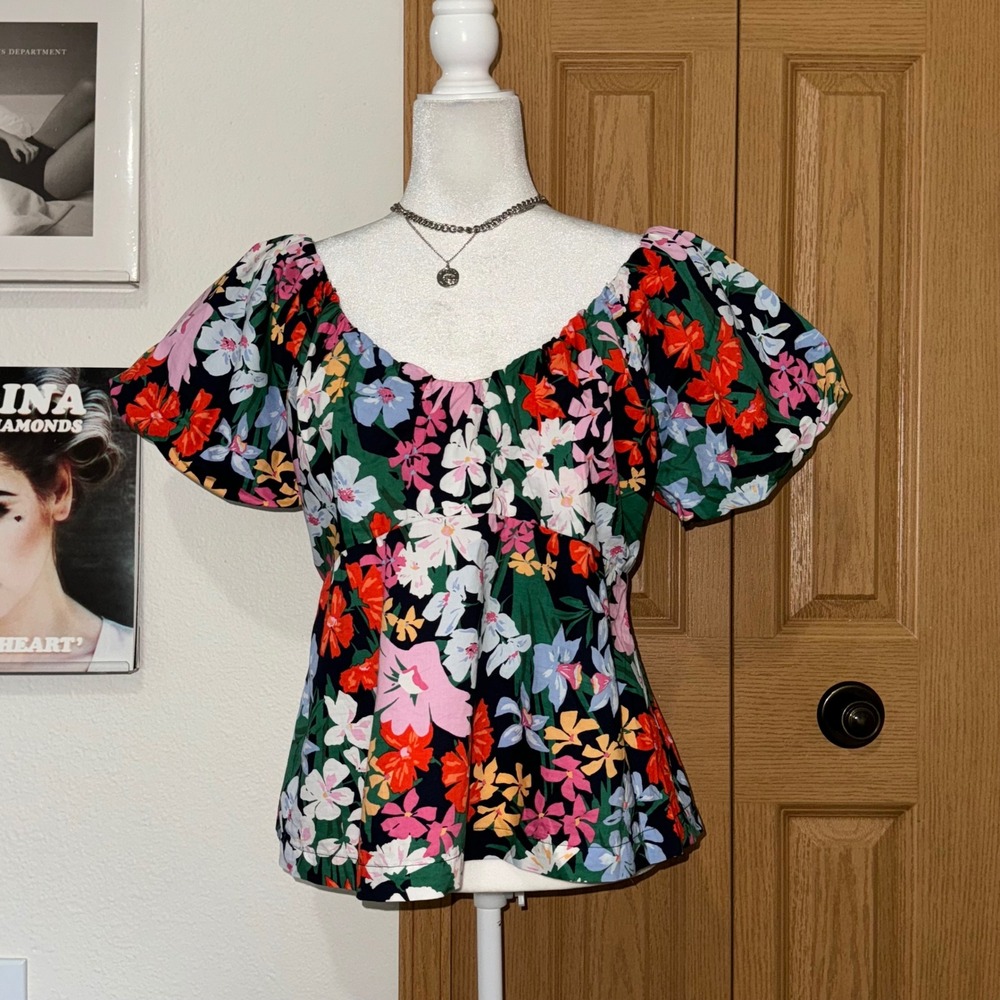 Old Navy Floral Puff Sleeve Top Cotton Smocked Back Sweetheart Neck Womens Large